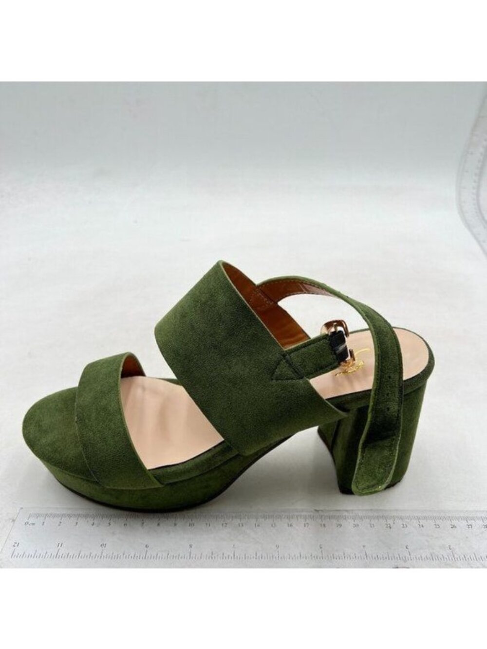 FOWT Women's CAMERA Platform Heeled Sandal, Green Suede